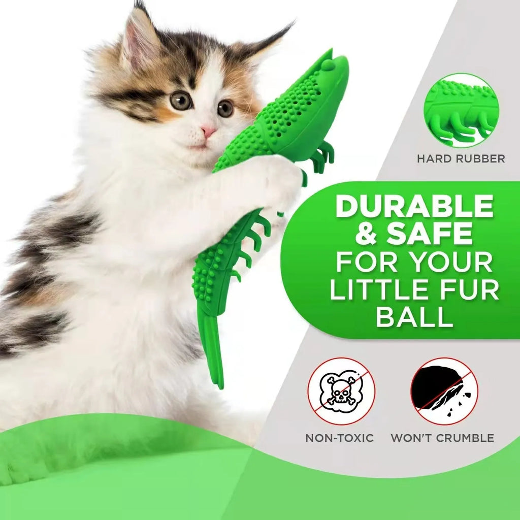 Blue catnip toy with bell for 360 degree teeth cleaning, hard rubber construction