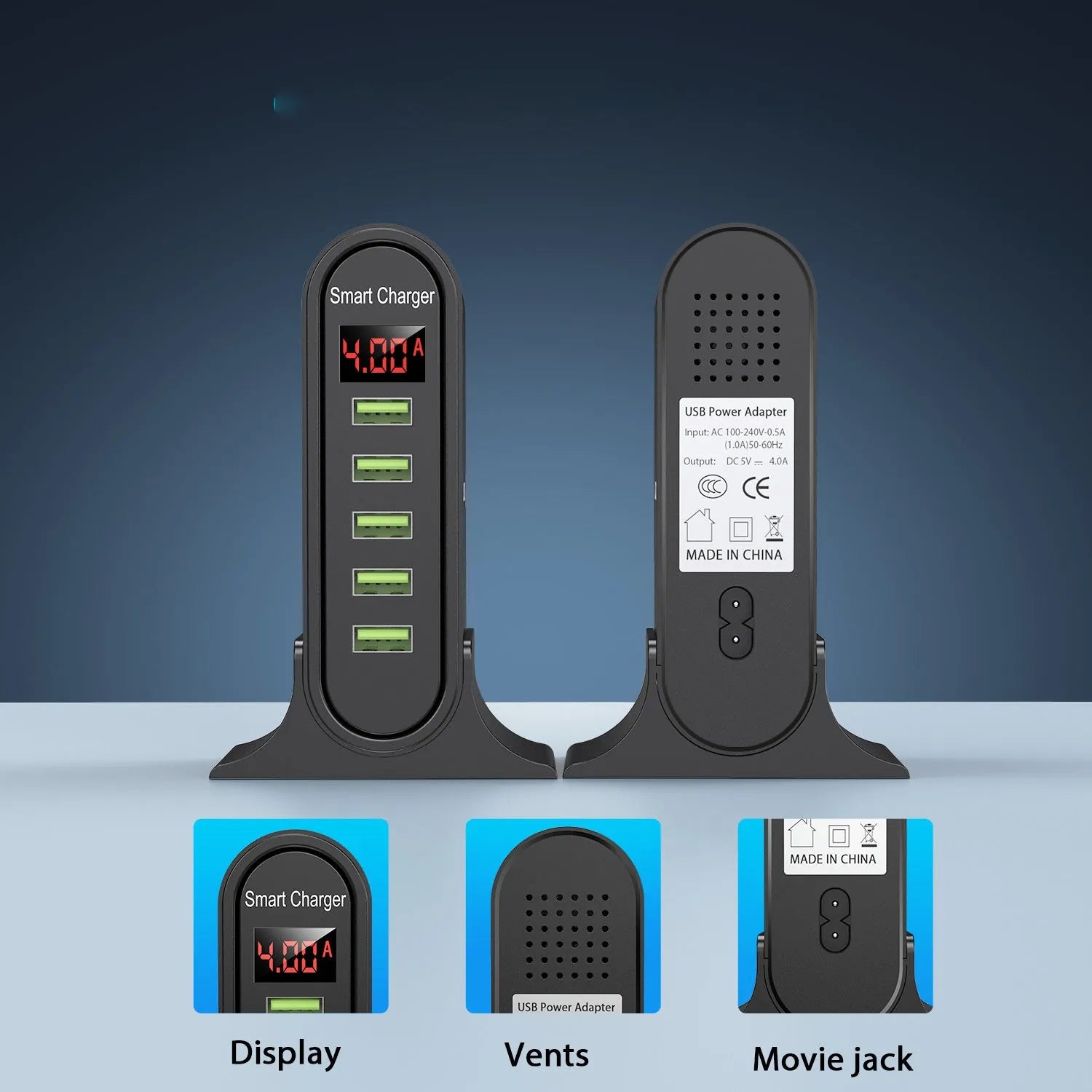 Black and white USB chargers with LED digital displays showing EU, UK, and US plug styles.