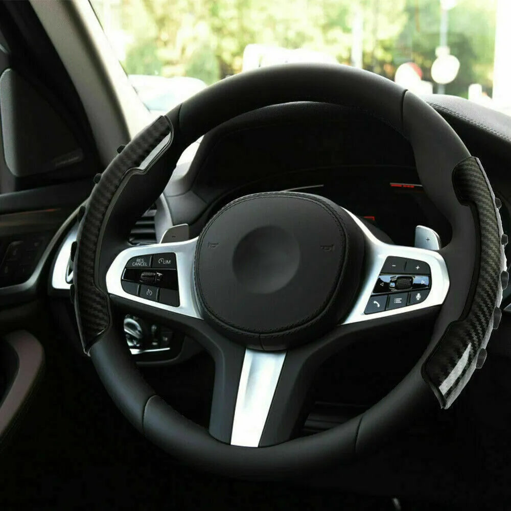Carbon black fibre steering wheel anti-skid sleeve showing textured surface and 38cm diameter