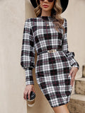 Black women's tight dress with lantern sleeves and printed polyester fabric featuring leather stitching details