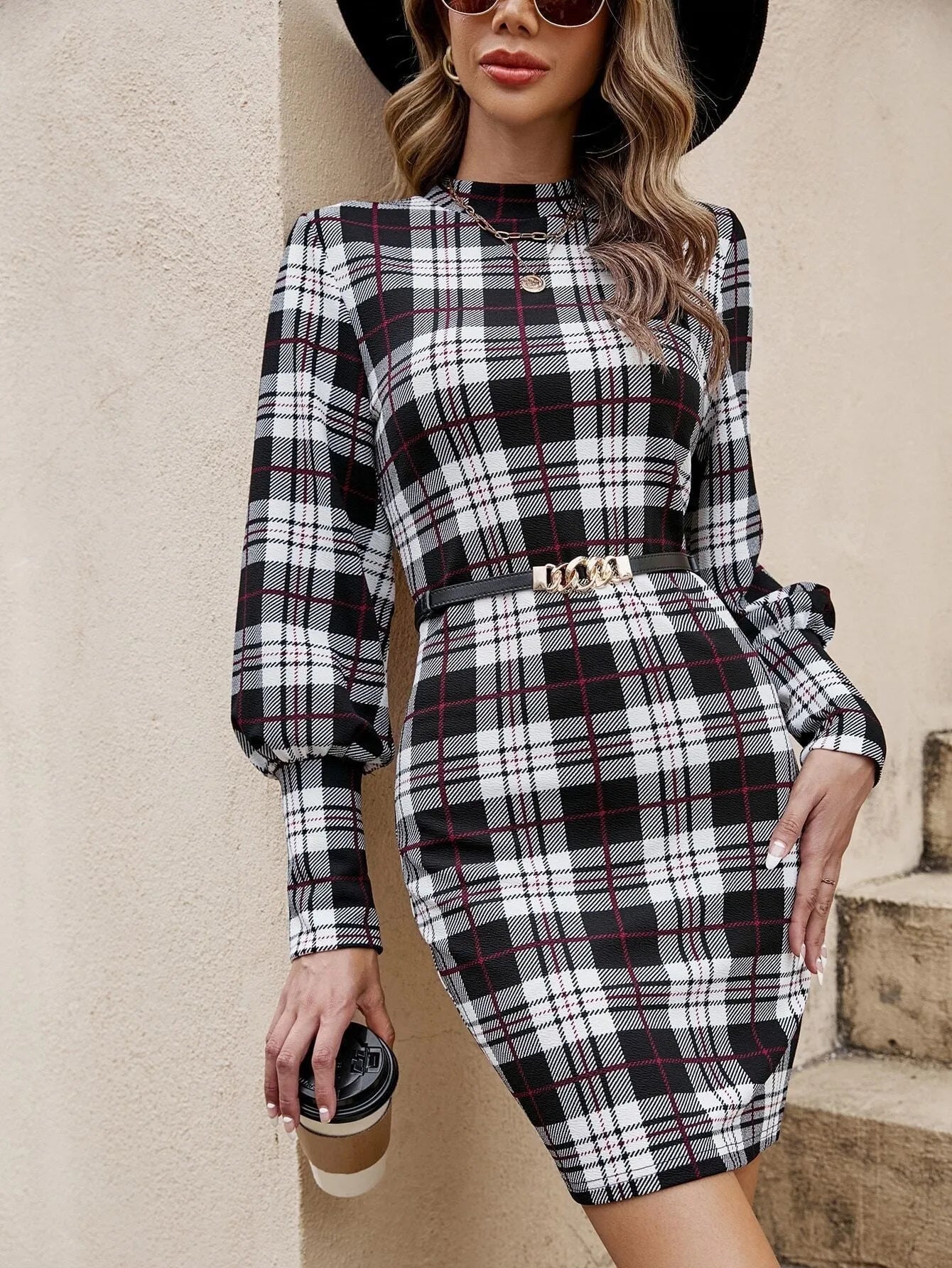 Black women's tight dress with lantern sleeves and printed polyester fabric featuring leather stitching details