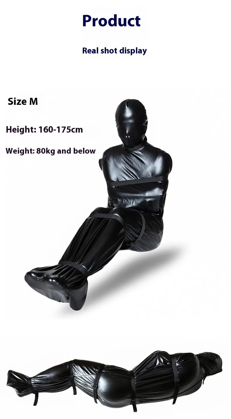 Black patent leather bondage set showing full body wrap and six ratchet tie-down straps