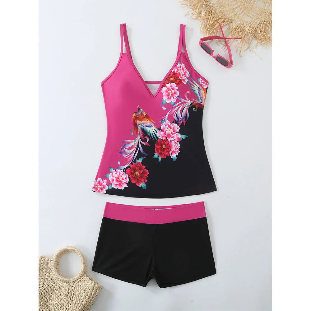 Women's plus size swimsuit briefs with printed split design and cotton lining