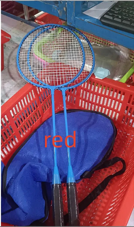 Pair of blue and red alloy badminton rackets with split design for storage