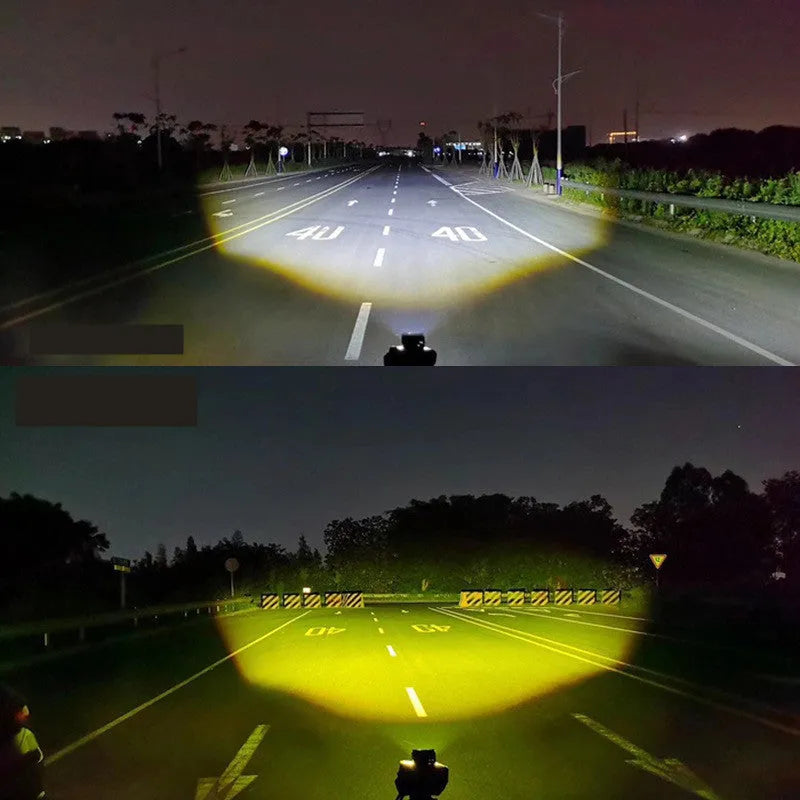 Black aluminium motorcycle spotlight with LED projection lens and dual-colour light output