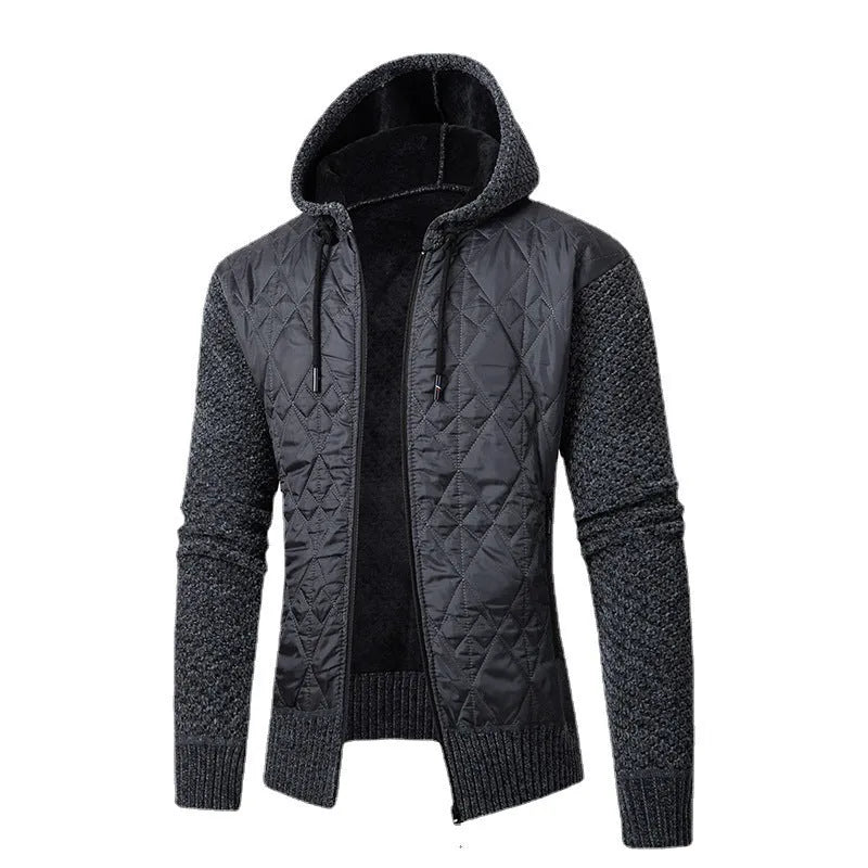 Man wearing a gray hooded wool corduroy cardigan coat with a cinched waist
