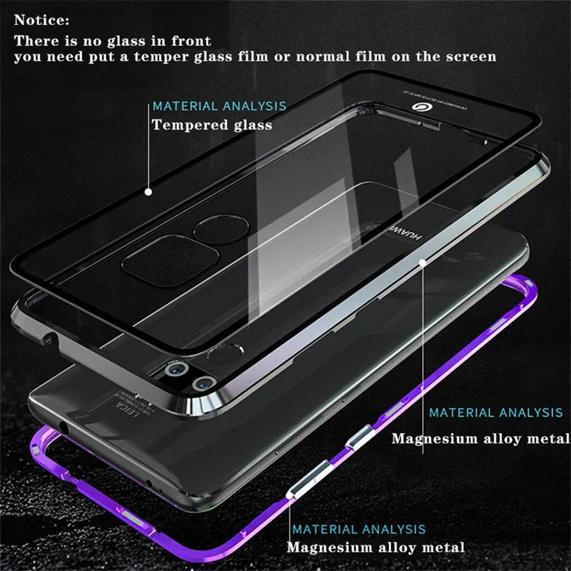Magnetic metal phone case with tempered glass back for Huawei and Honor smartphones