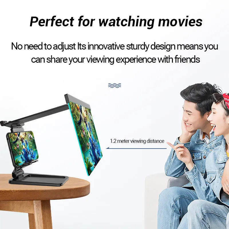 Black folding mobile phone screen amplifier with detachable holder showing 12-inch curved magnifier