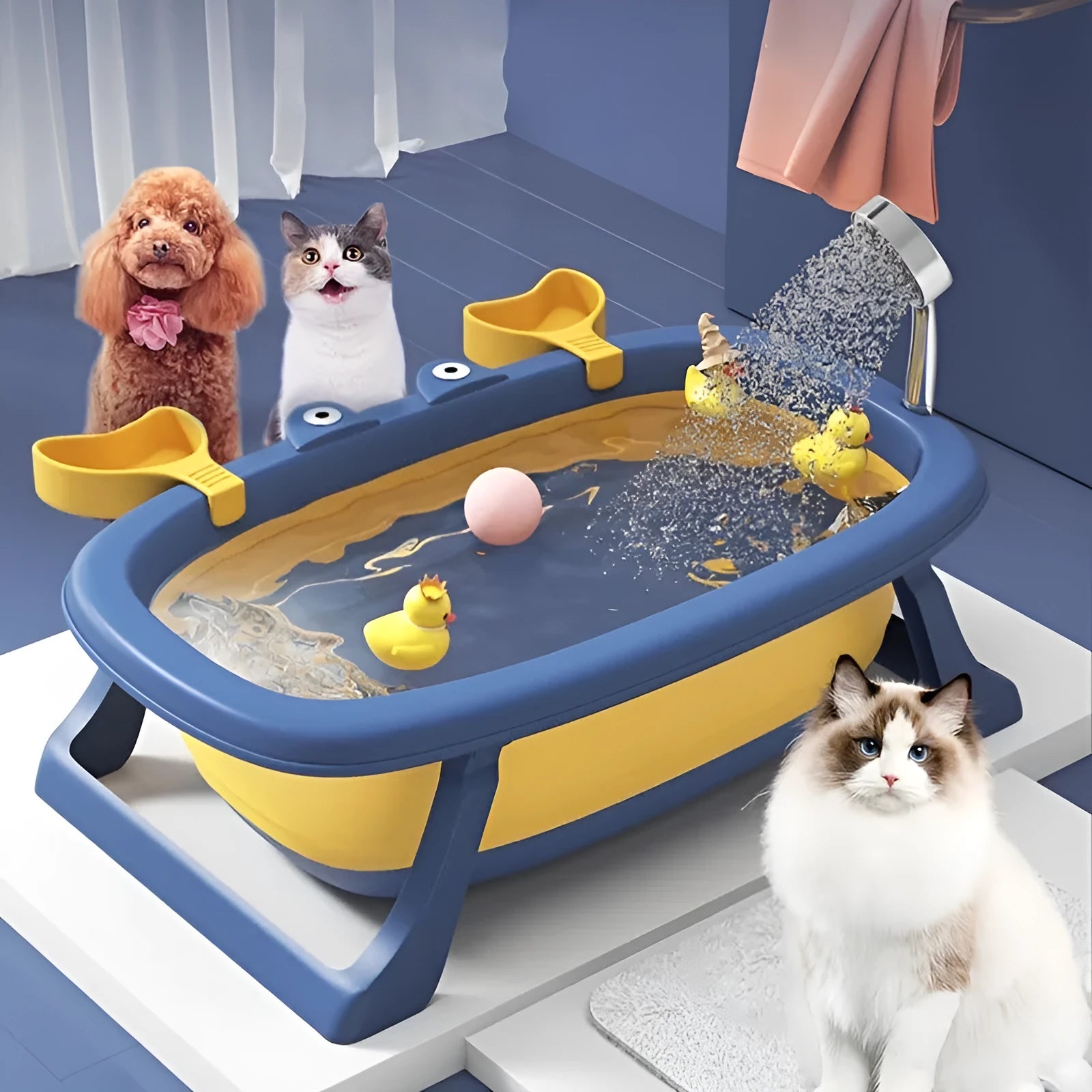 Blue foldable portable pet tub for washing cats and small dogs