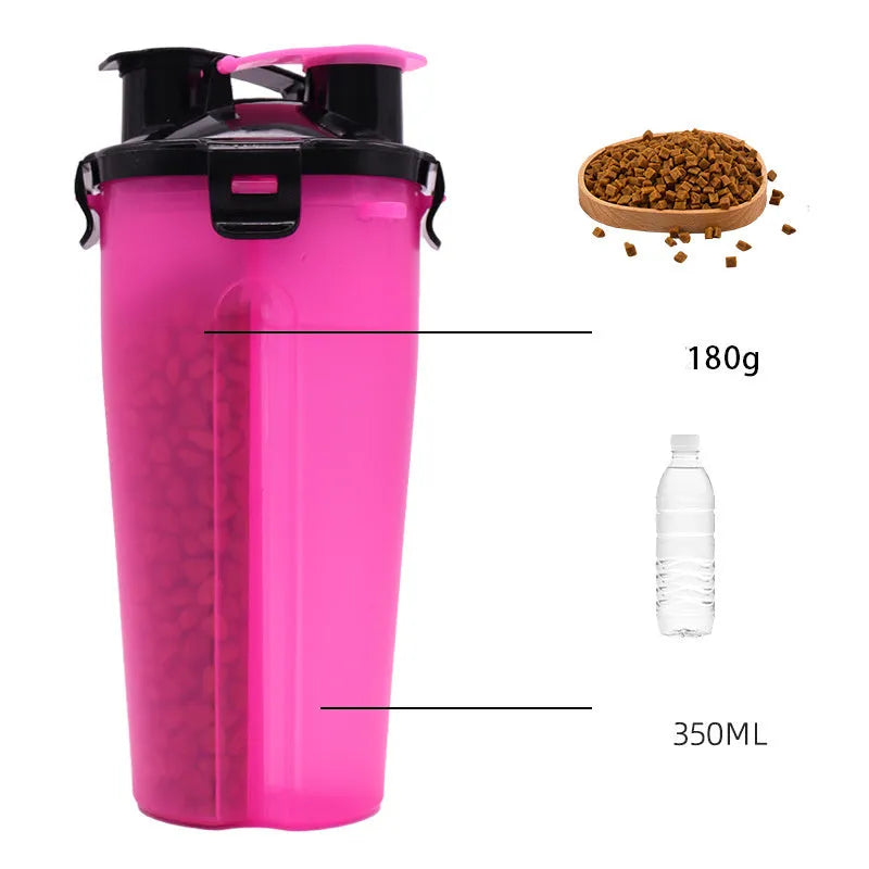 Portable 2-in-1 pet water cup in white, with 350ml water bottle and food container, 23cm height, PP material