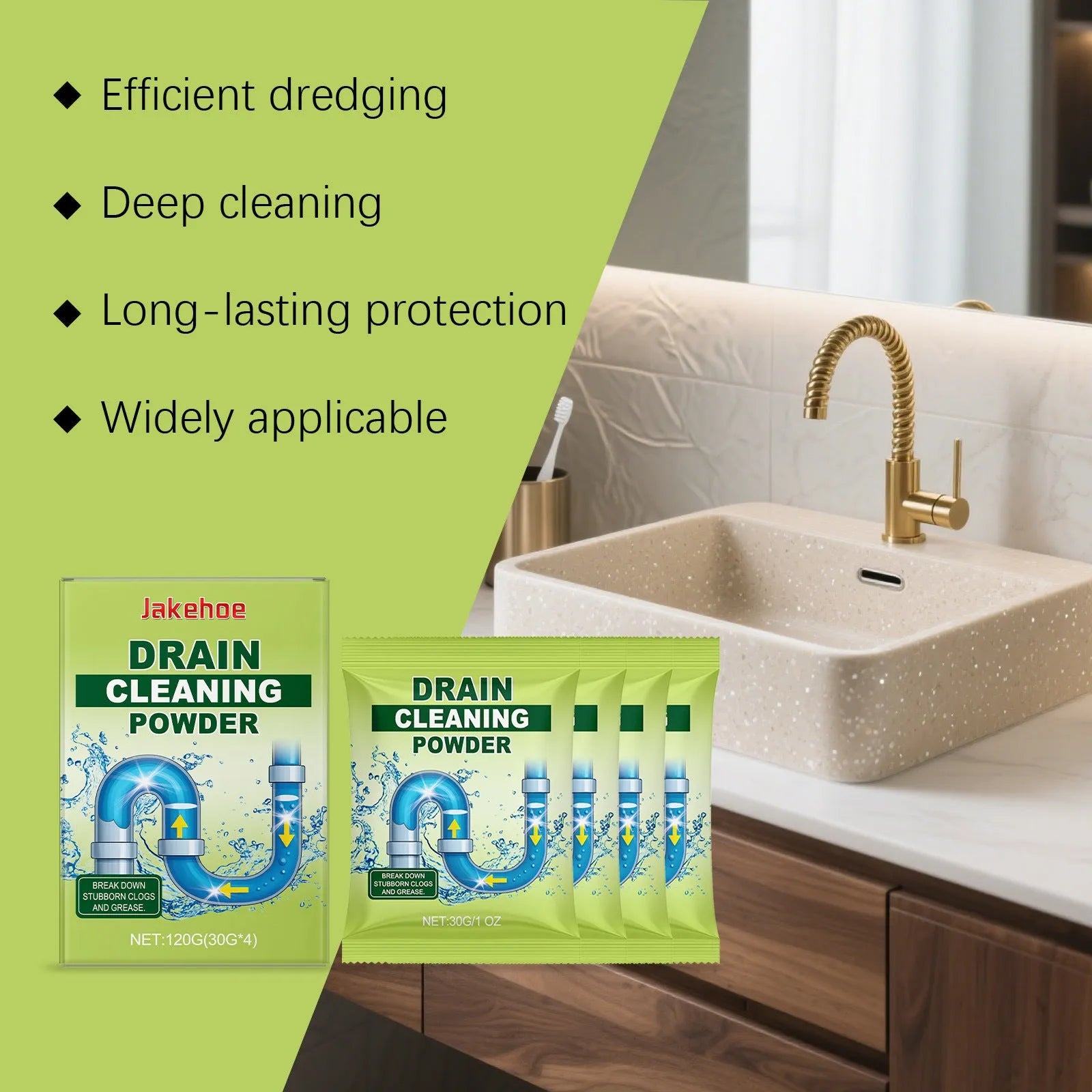 Container of 120 gram drain cleaning powder for sinks and toilets.