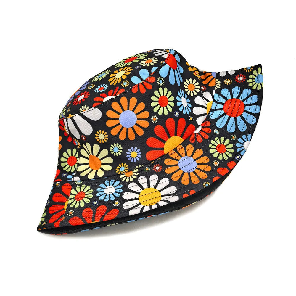 Colourful floral pattern polyester bucket hat with dome crown in medium size