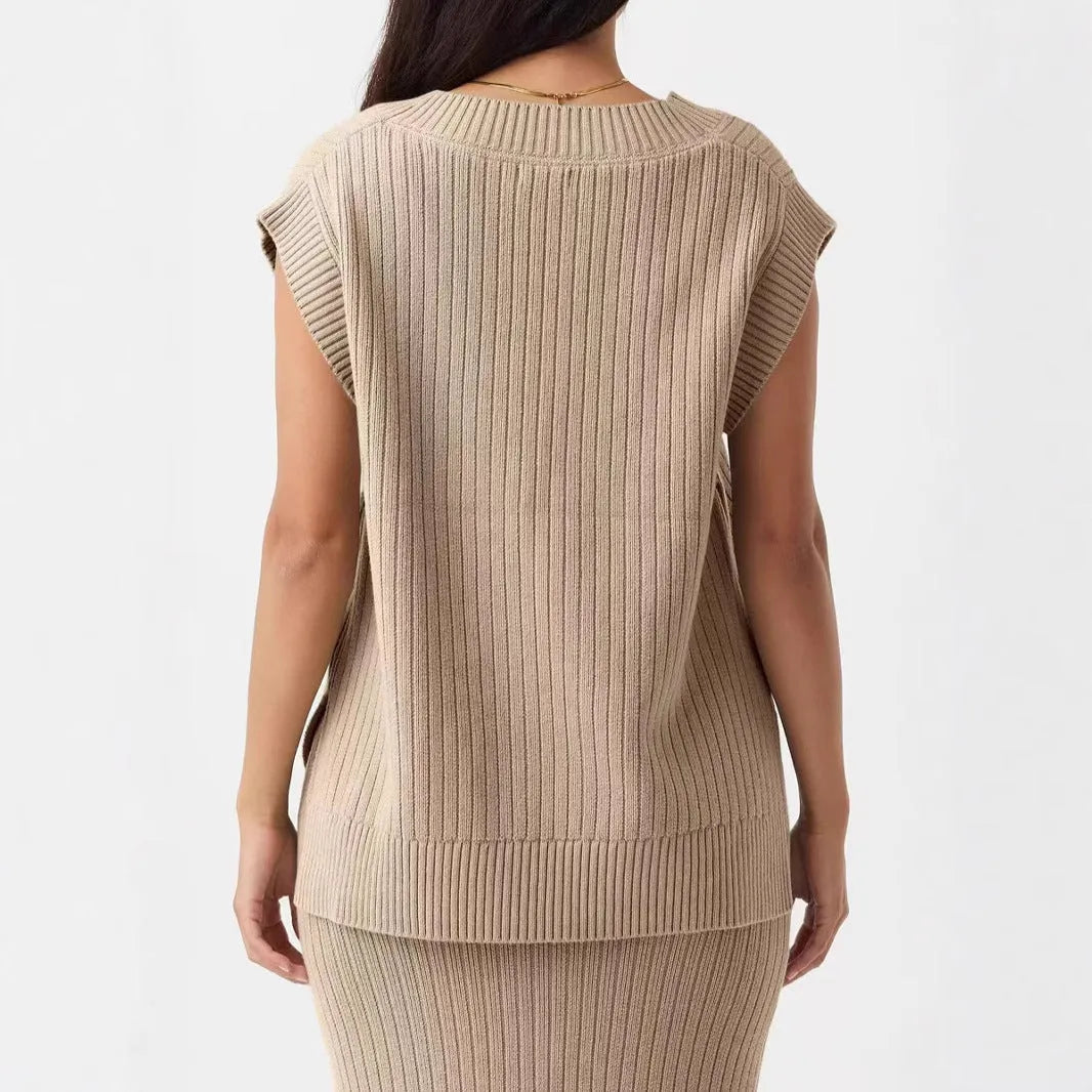 Women's V-neck sleeveless loose pullover vest in camel colour with stripe pattern