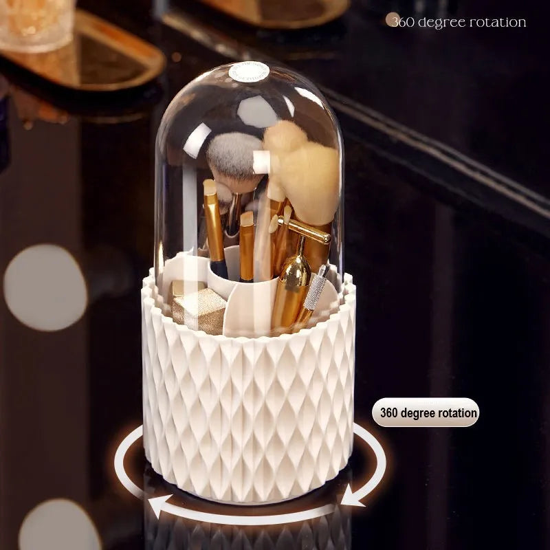 White acrylic makeup brush storage box with transparent dust cover and rotating design
