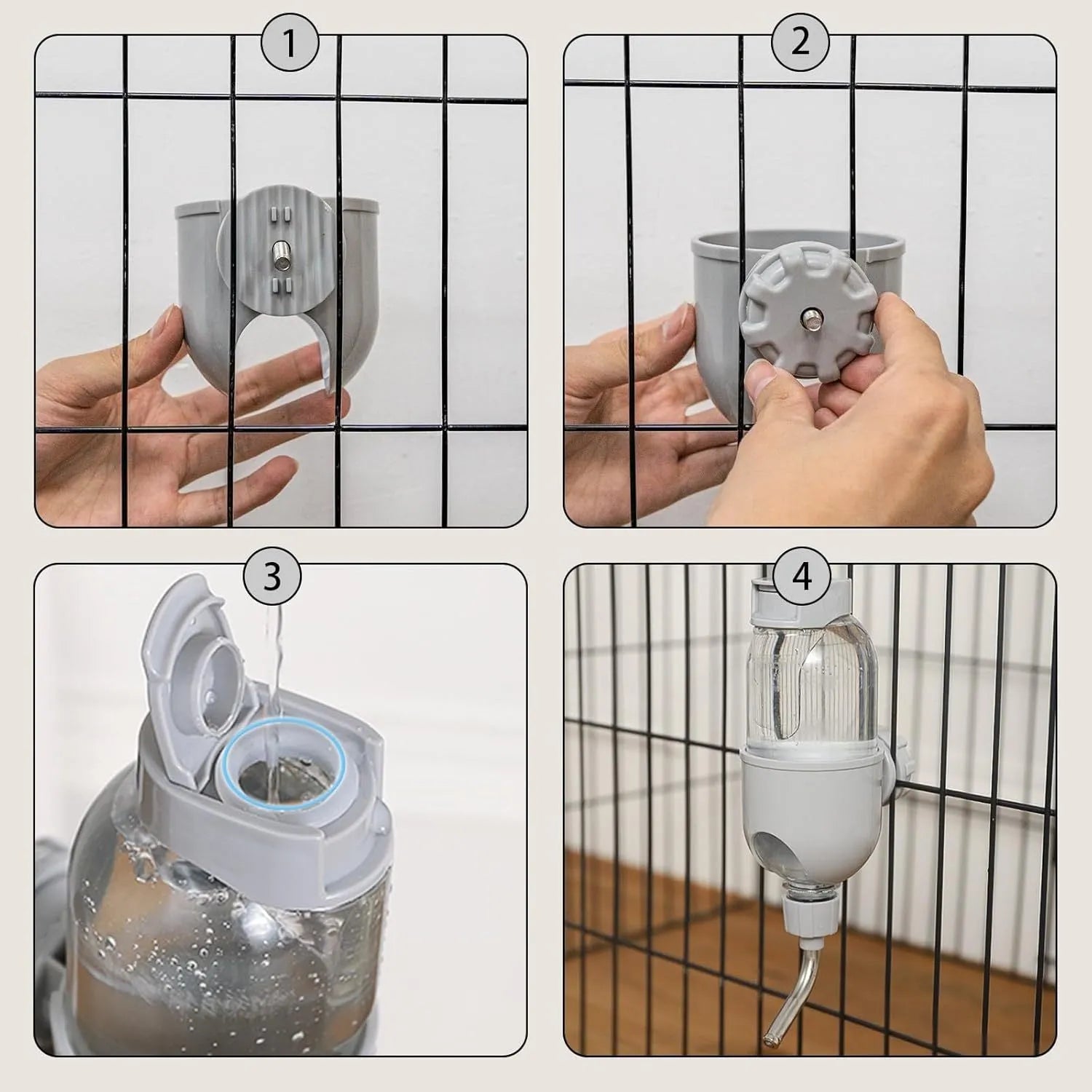 Blue small animal water bottle attached to cage bars with rotatable drinking nozzle