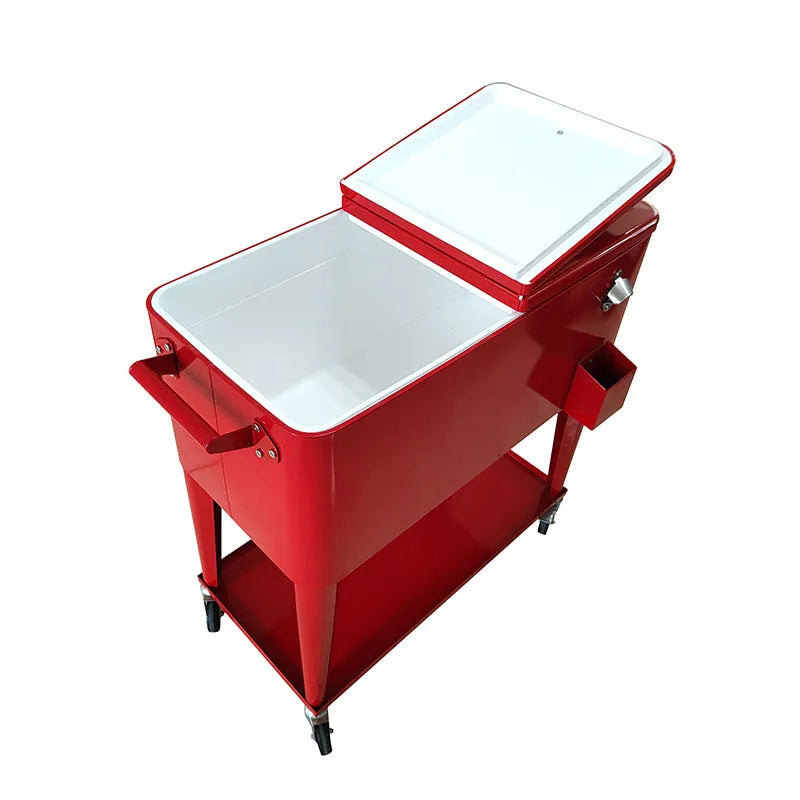 Red outdoor metal insulated trolley with 750ml cooling box for picnics