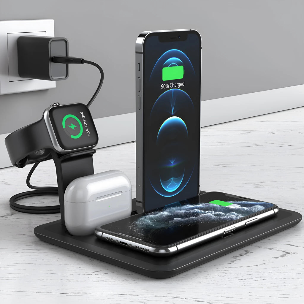 Black and white desktop wireless charging station for phone watch headphones with USB ports