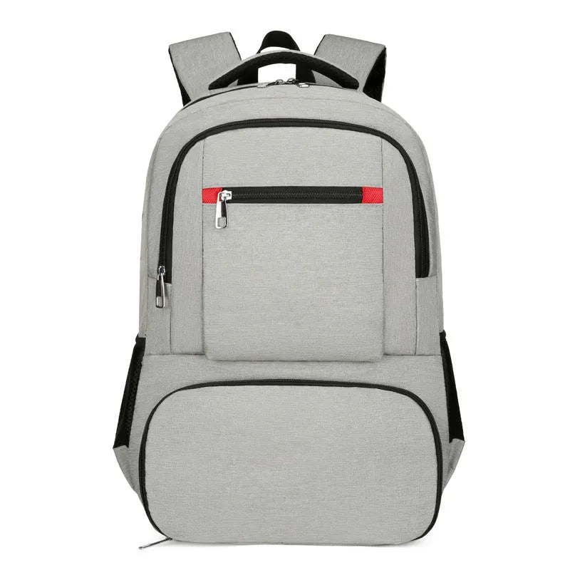 Oxford cloth insulated backpack with curved shoulder straps in light grey, showing dry-wet separation compartments