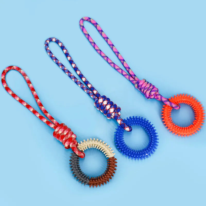 Blue braided rope dog toy with four puppy knots, measuring 43cm long