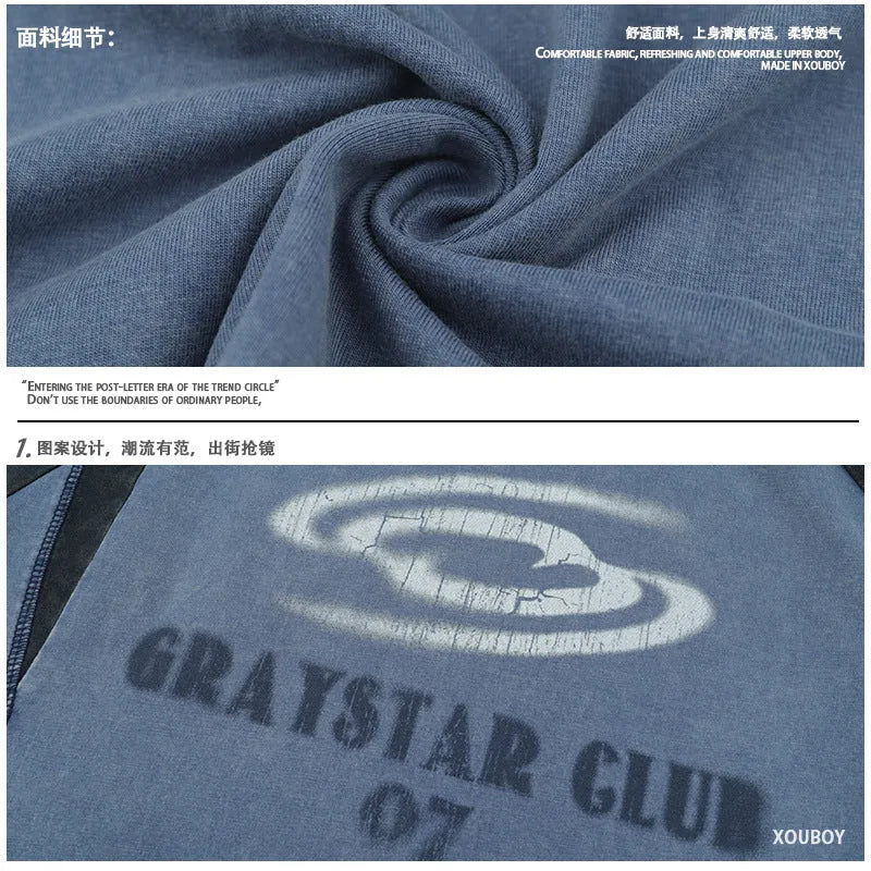 Blue hip hop letter print men's cotton t-shirt with raglan sleeves and loose fit design