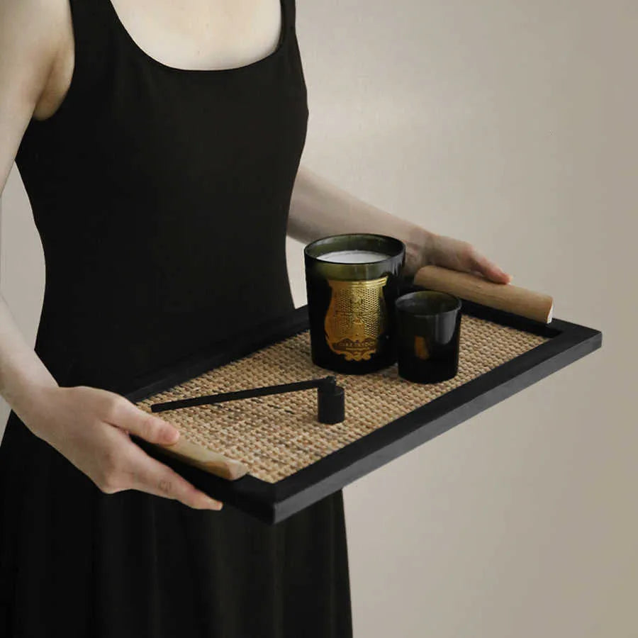Pine wood dining tray with an integrated storage compartment, shown in large and small size options.