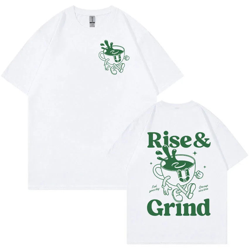 Front view of a loose-fit linen T-shirt featuring a printed 'Rise And Grind Green Coffee' cartoon design in black on a light-coloured fabric.