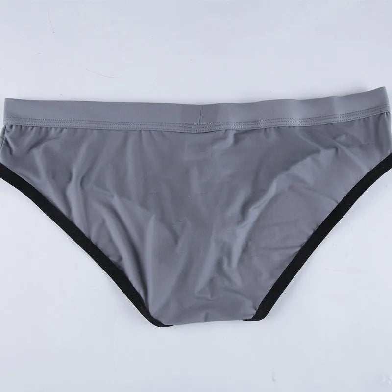 Men's ice silk briefs in army green colour showing mid waist design and bullet separation pouch.
