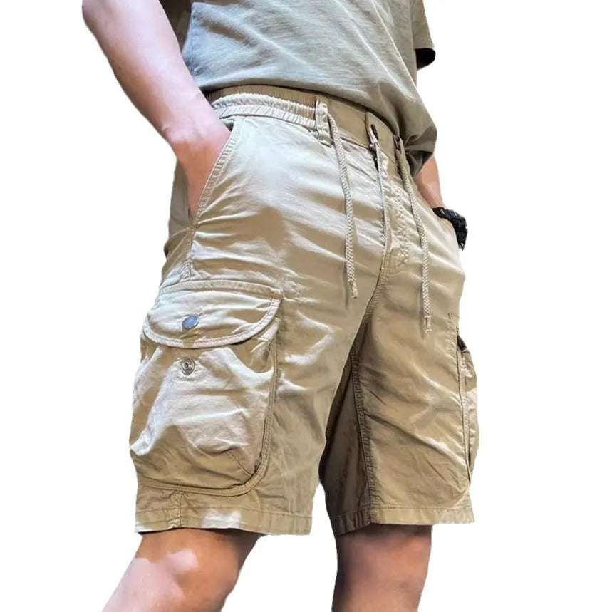 Korean-style loose straight overalls trousers with multiple pockets in polycotton fabric