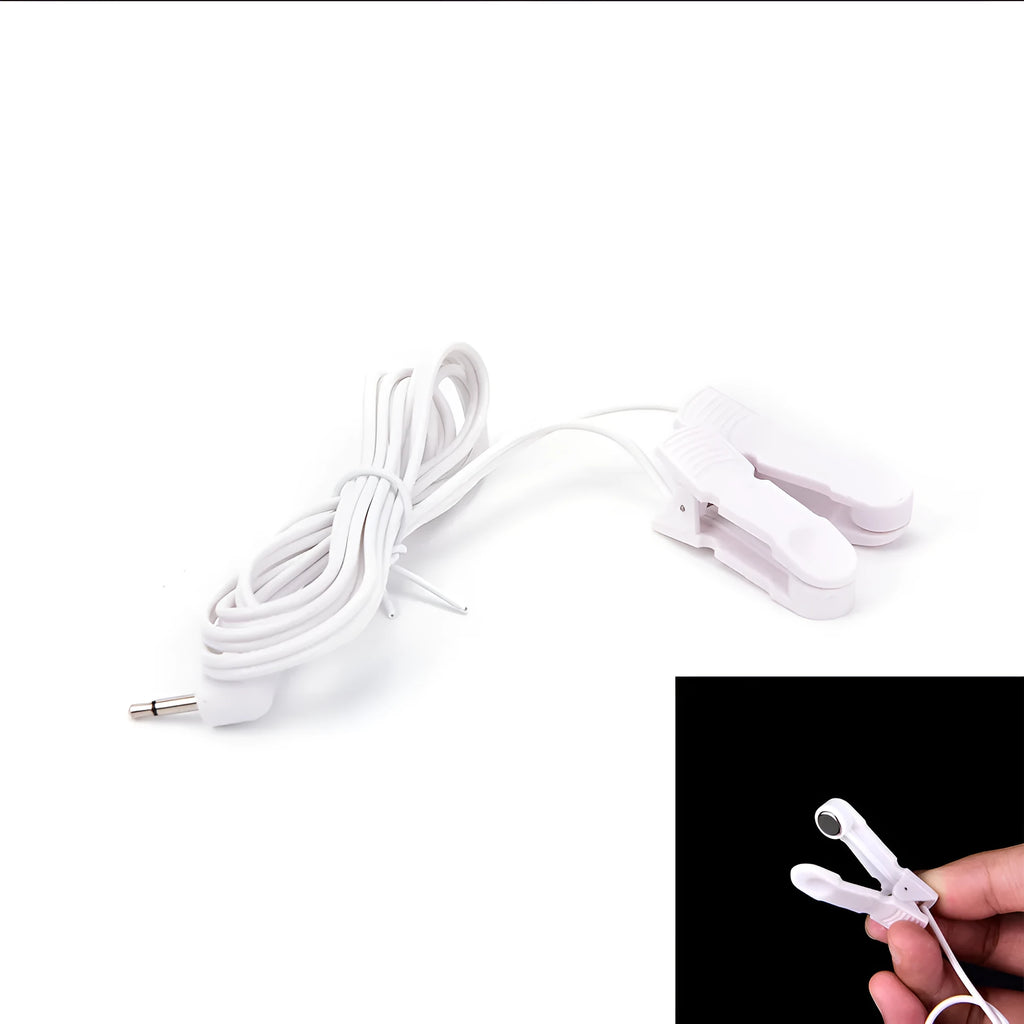 White massage ear clip with 3.5mm electrode wire for TENS machine, two clips included, handheld control