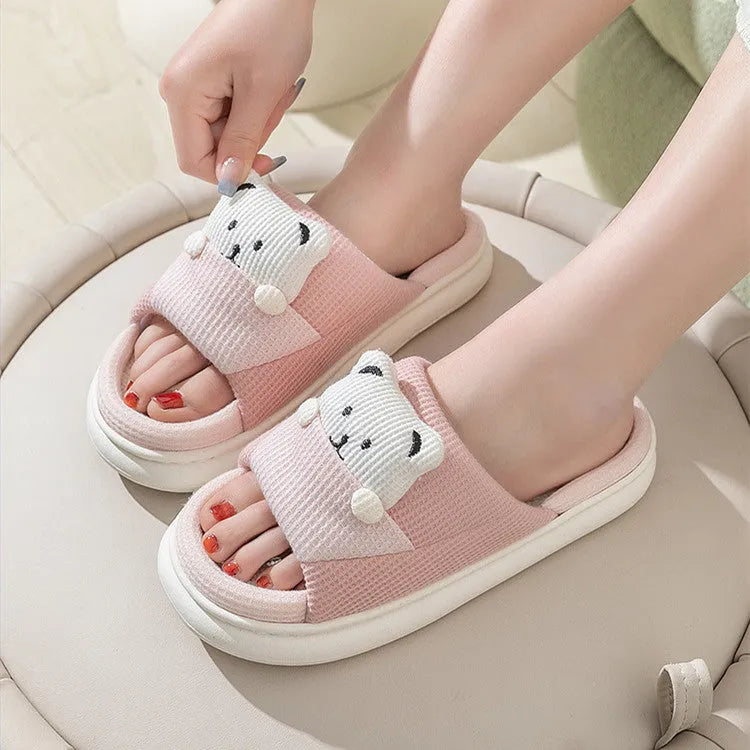 Women's thick-soled cartoon bear linen house slippers with PVC sole in blue colour
