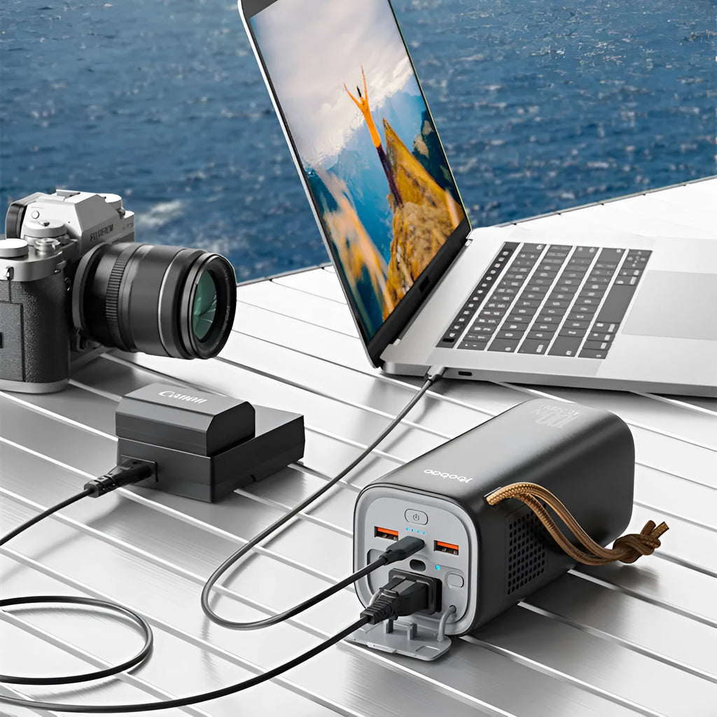 Black portable power bank with solar panel, measuring 70x70x162mm, featuring 200W output and flame retardant shell