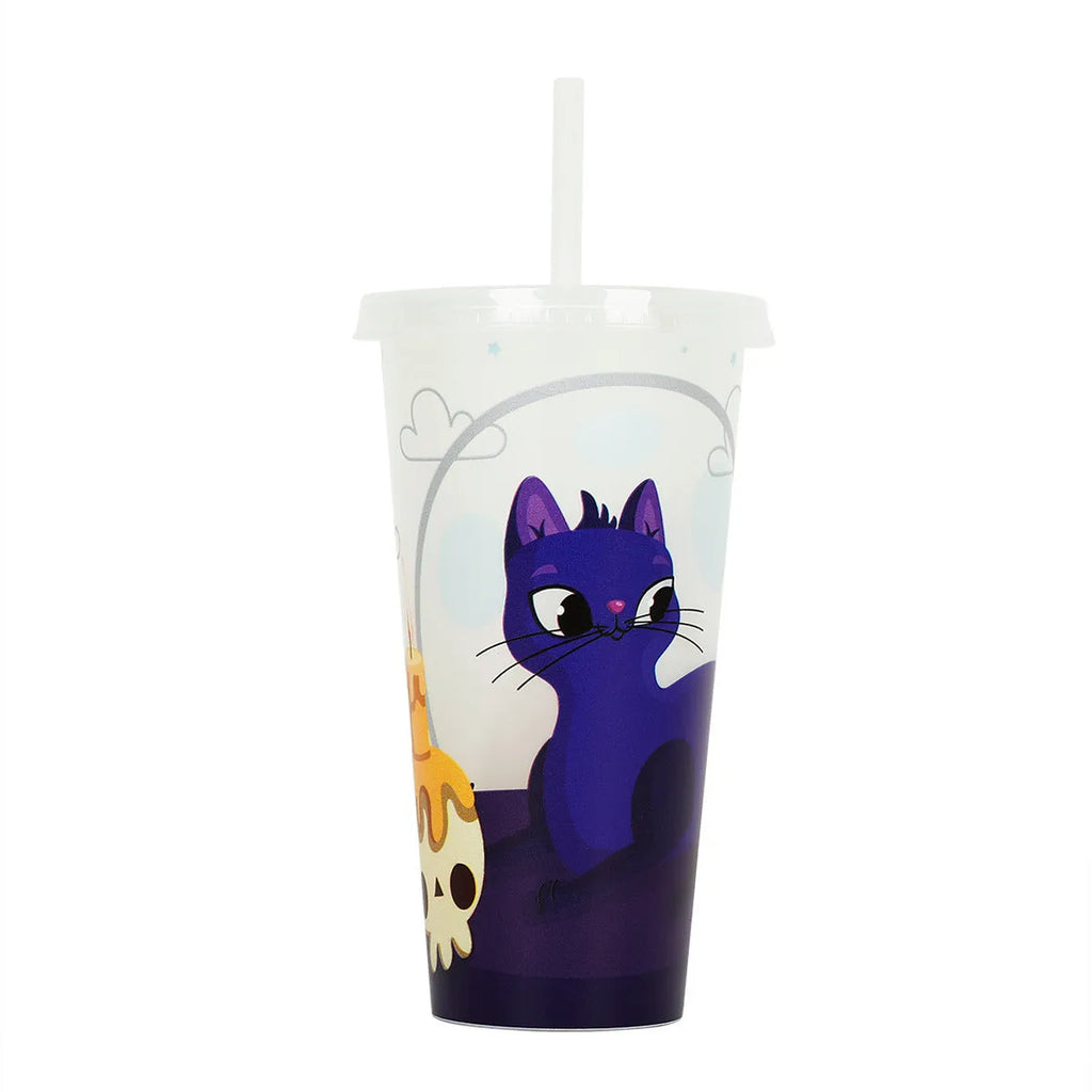 720ml colourful plastic Halloween sippy cup with a straw on a table.