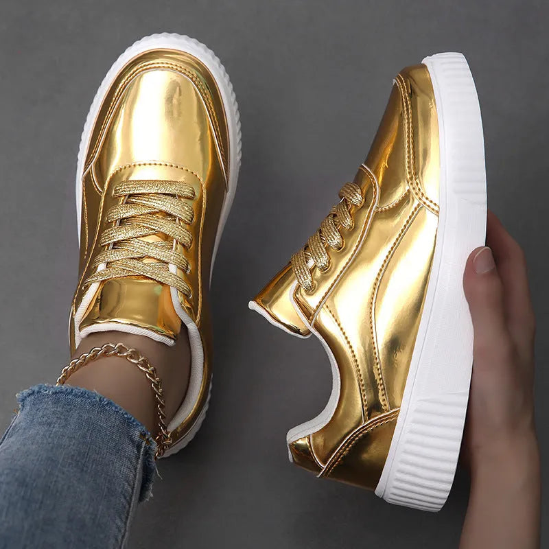 Rose gold sequined platform sneakers with round toe and thick MD sole