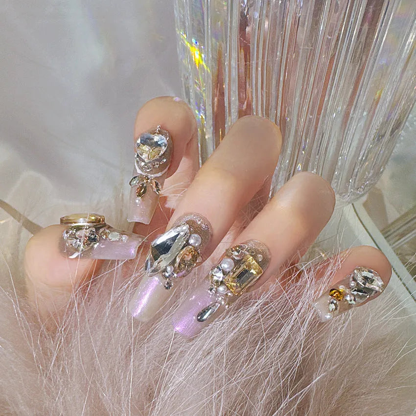 Luxury rhinestone false nail patches with phototherapy sealing in S size flash design