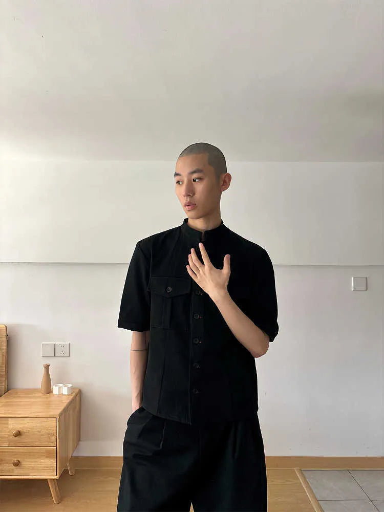 Black handmade hunting shirt with half sleeves, shirt collar, and single-breasted front