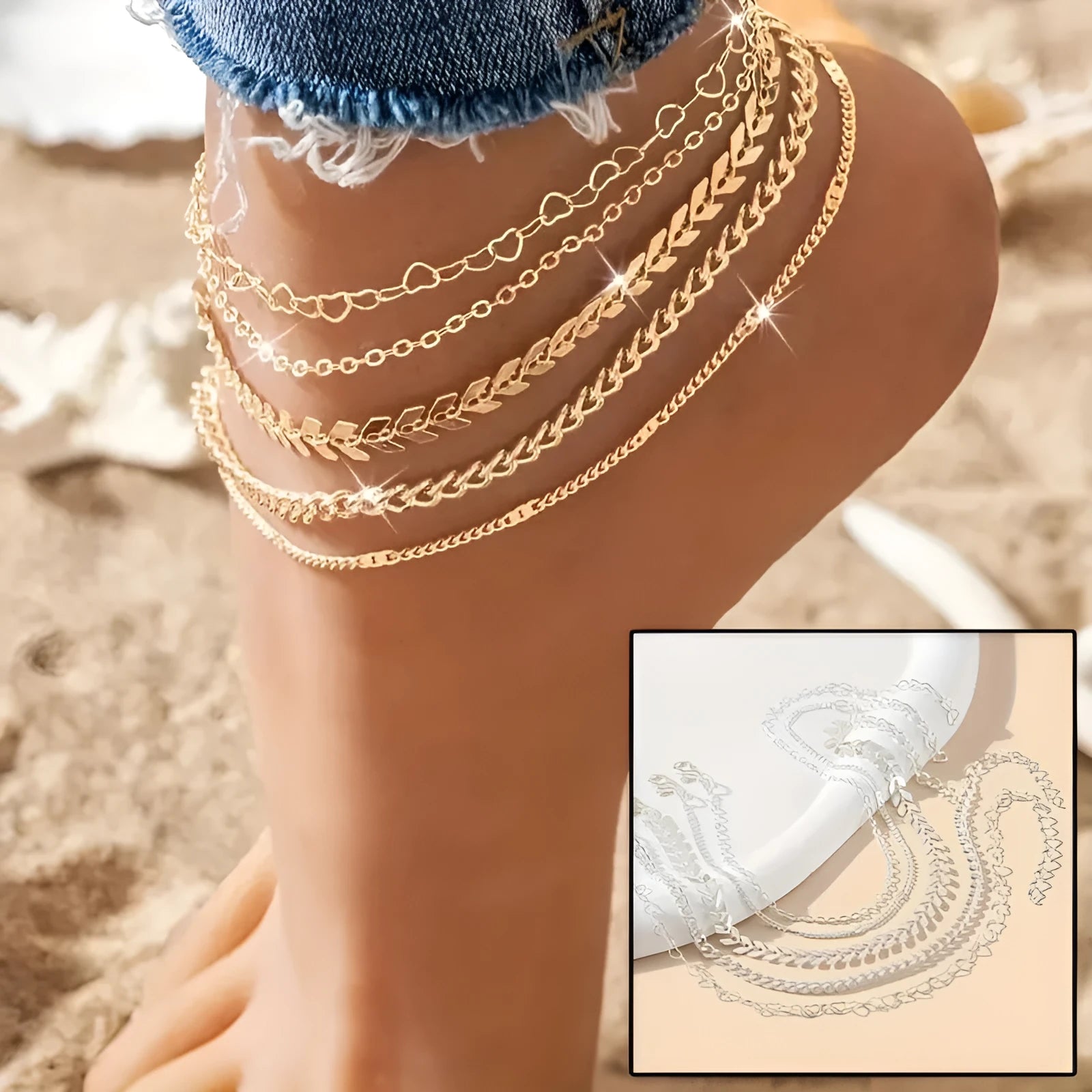 Five bohemian airplane and heart chain anklets in gold and silver for women's summer beach wear