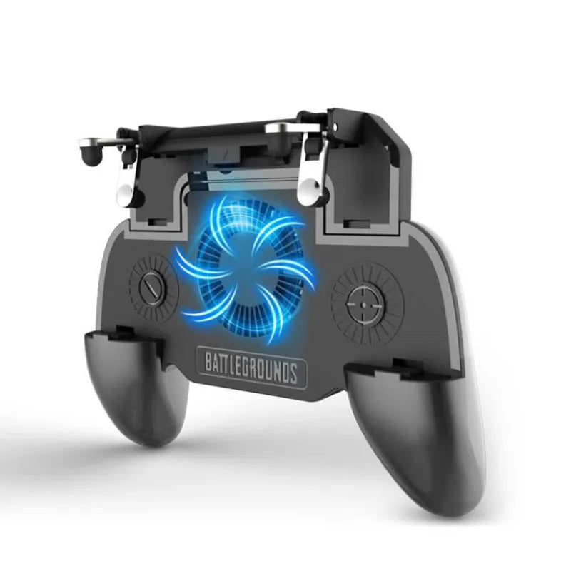 Black mobile game controller with ergonomic grips and action buttons for smartphone gaming