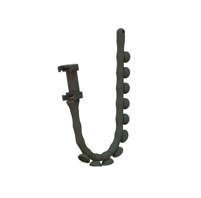Flexible black phone holder with bendable arm and suction cup mount showing 360-degree rotation