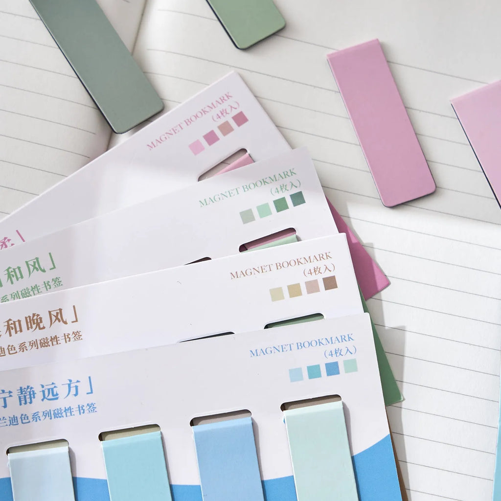 Set of four Morandi Series colour block magnetic bookmarks in soft evening breeze, Lanshan breeze, gentle twilight, and quiet distance colours.