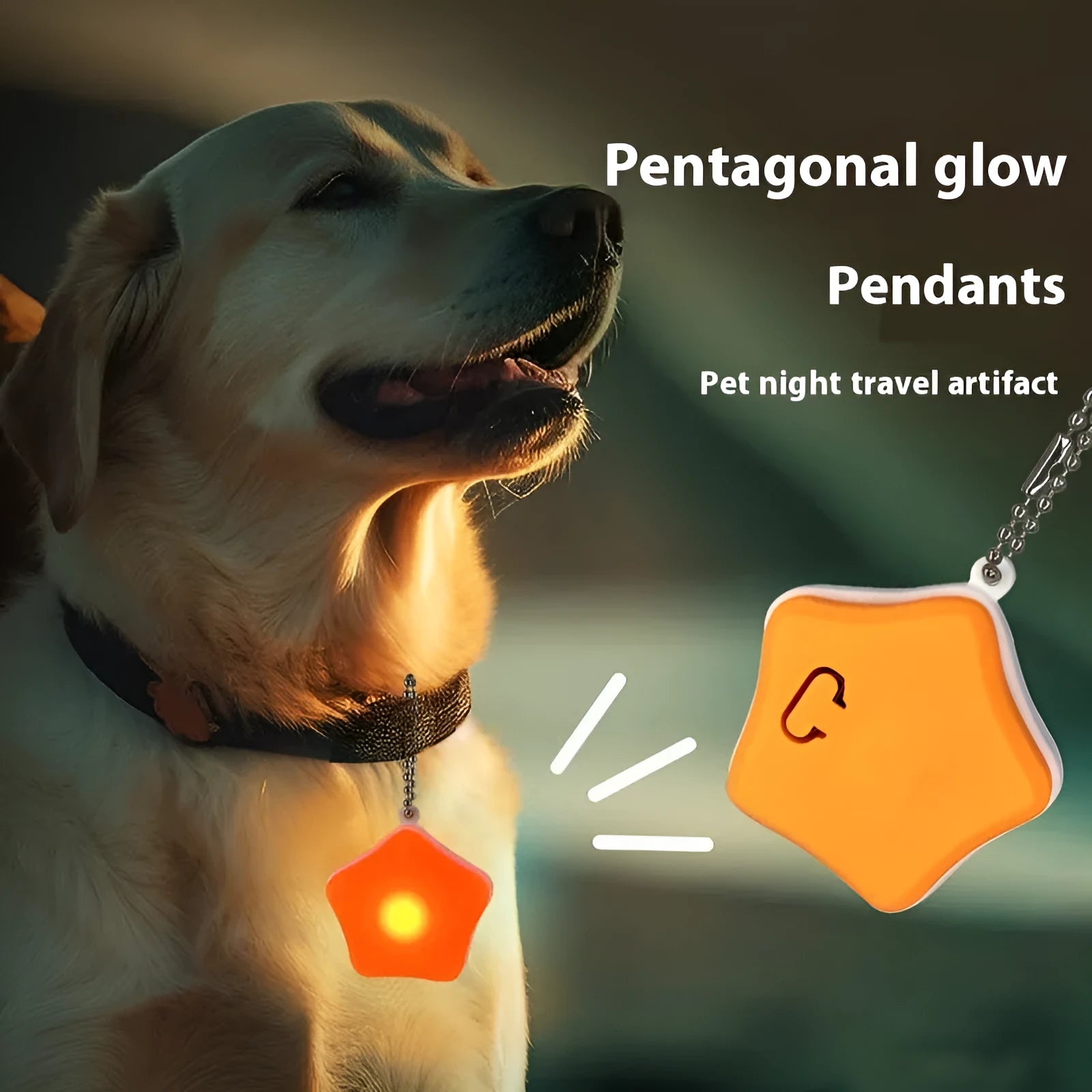 Blue rechargeable silicone pendant light for dog collar with LED on.