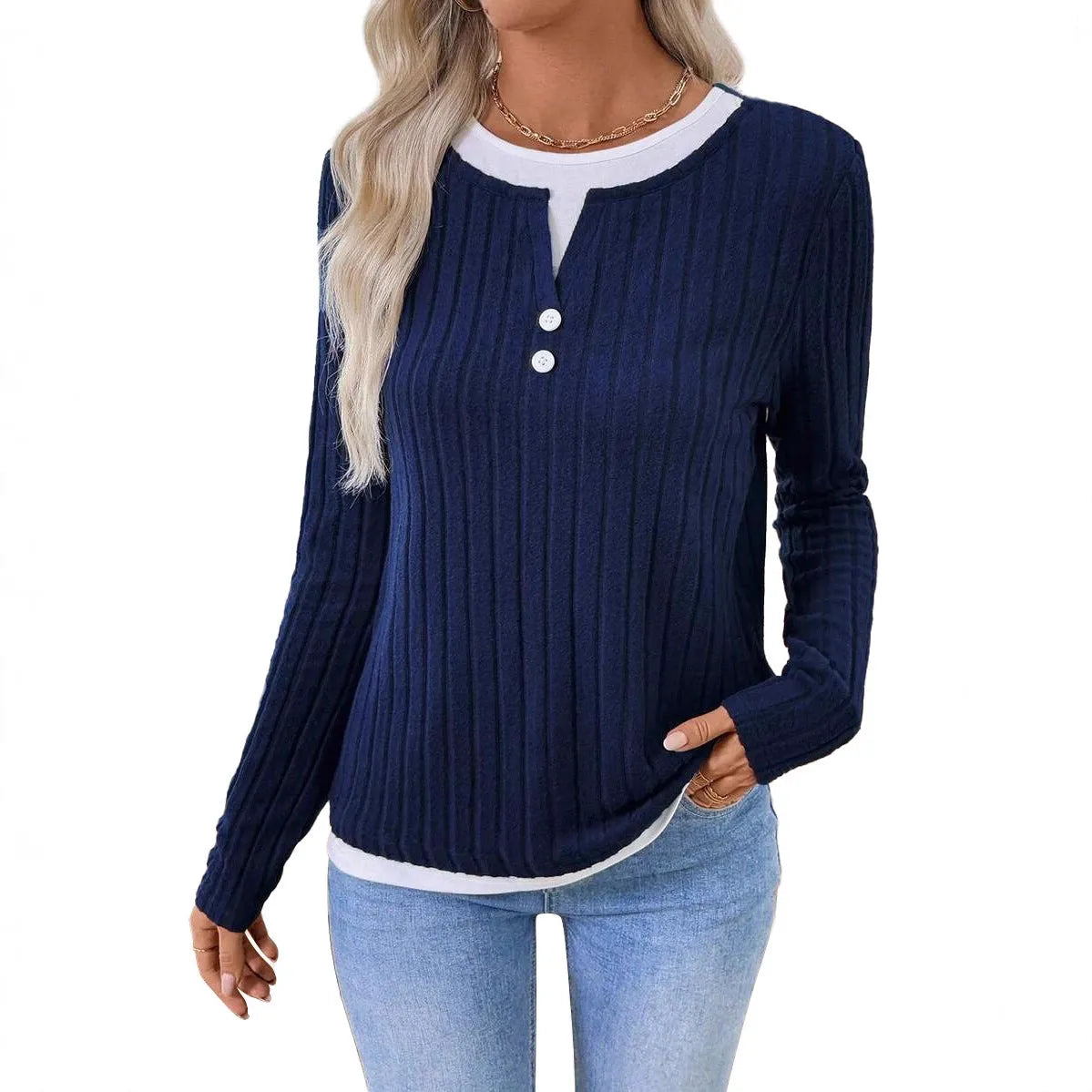Women's black fake two-piece round neck button pullover sweater with grinding design