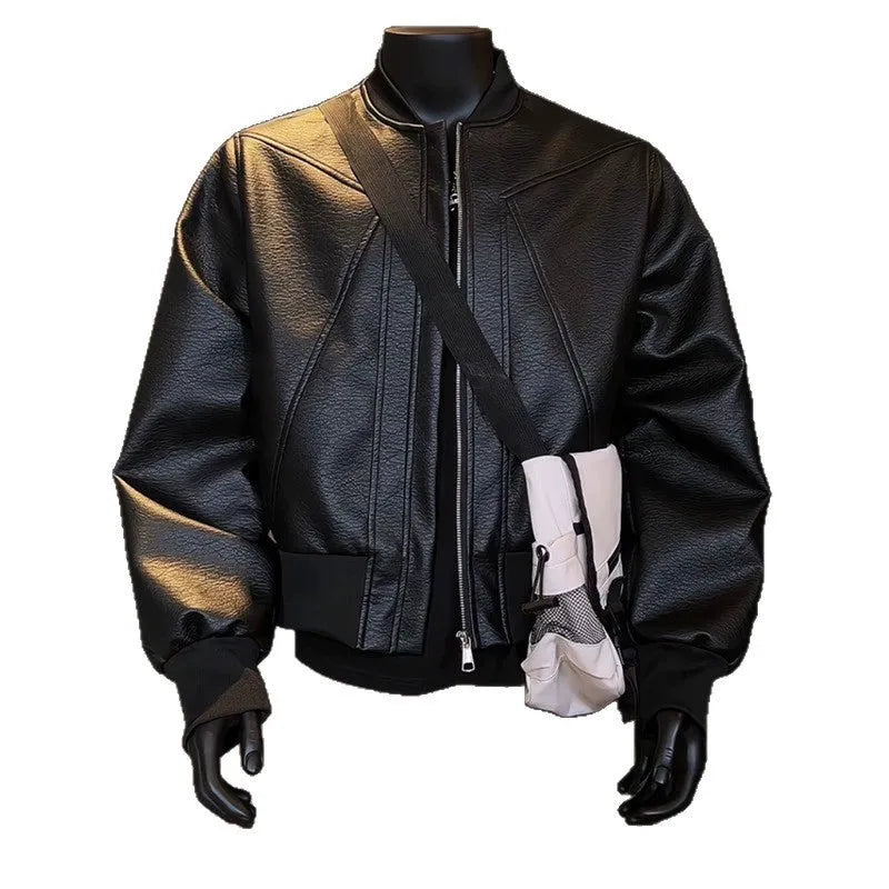 Men's black PU leather jacket with extended length and tight business fit
