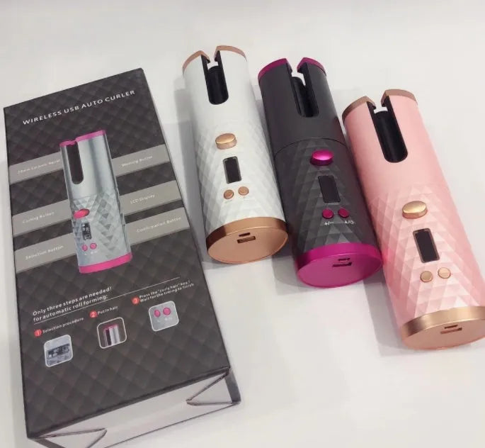 White portable automatic curling iron with USB charging cable and gold ceramic barrel