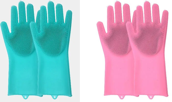 Silicone heat-resistant cleaning brush scrubbing gloves in blue with built-in sponge, non-slip, 357x165mm