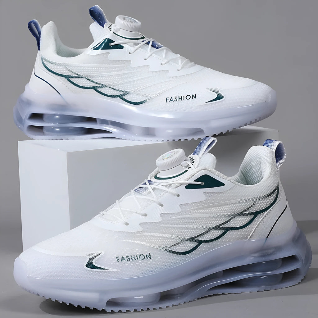 Men's white low-top casual running shoes with a rotating button lace system and mesh upper.
