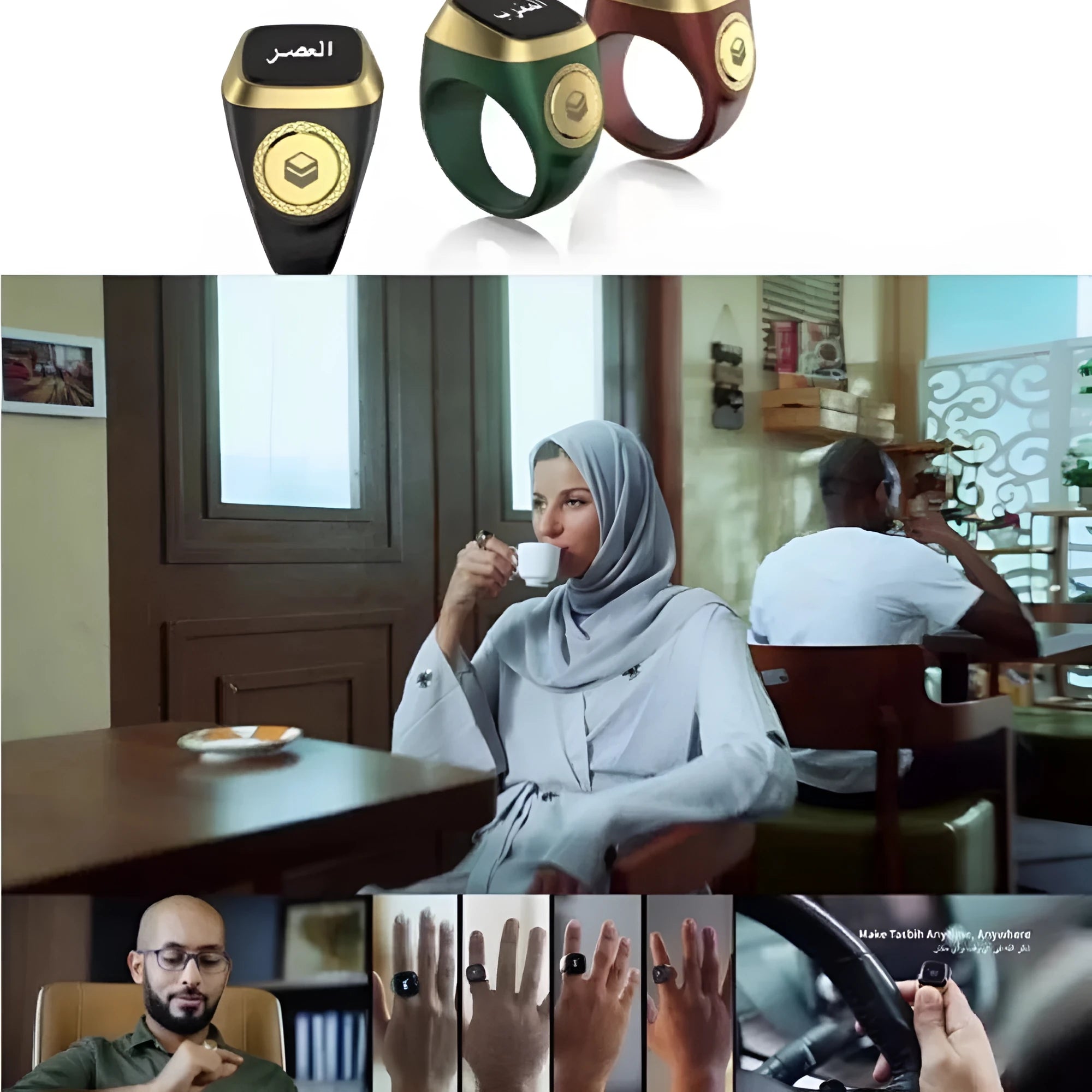 Zikr1 silver metal smart ring for Tasbih counting on a finger, showing its OLED display and single button.