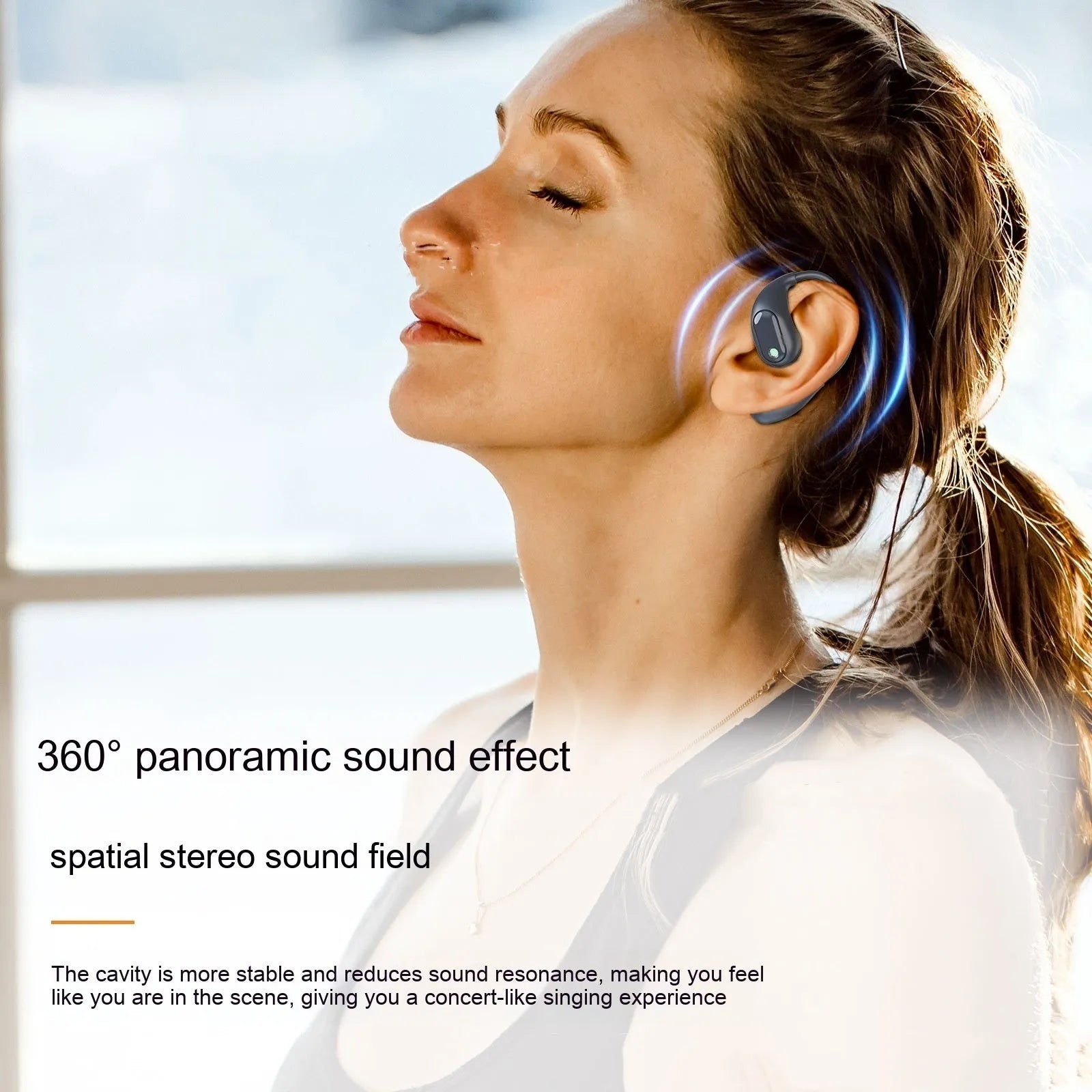 Open Bluetooth bone conduction headset in black with earhook design, Jerry chip, and waterproof build