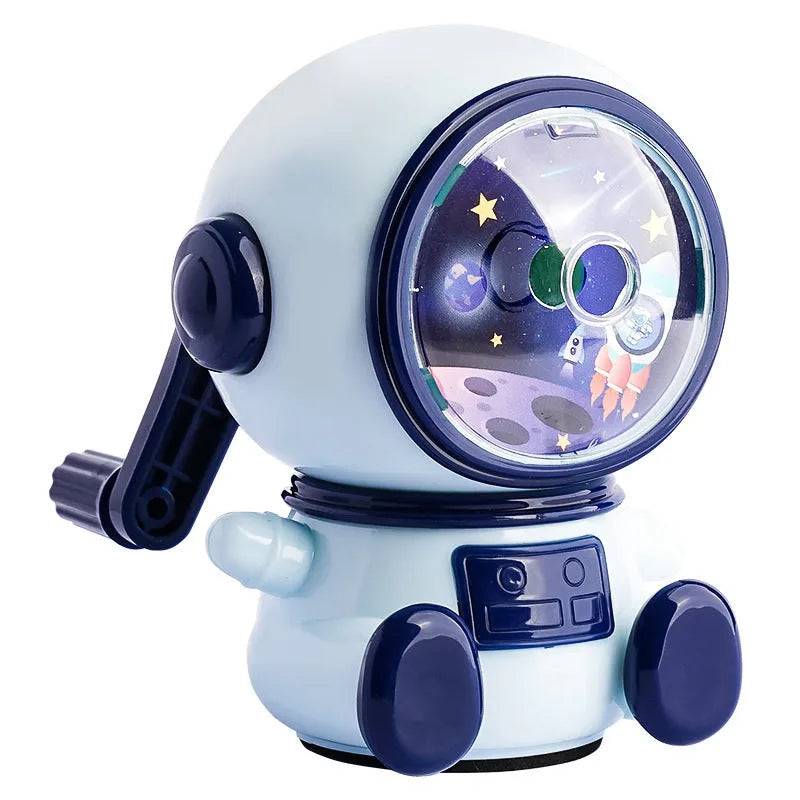 Astronaut cartoon pencil sharpener in blue or pink with anti-jam function and adjustable sharpening levels