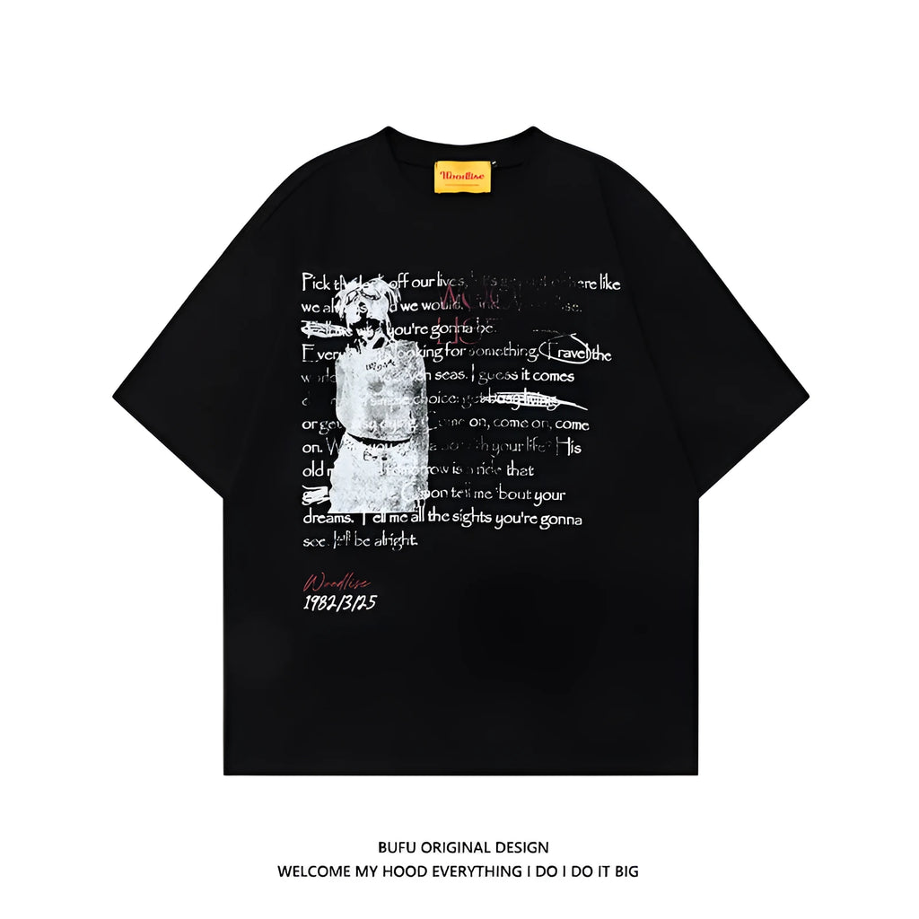 Men's black loose fit cotton t-shirt with white letter print and raglan sleeves