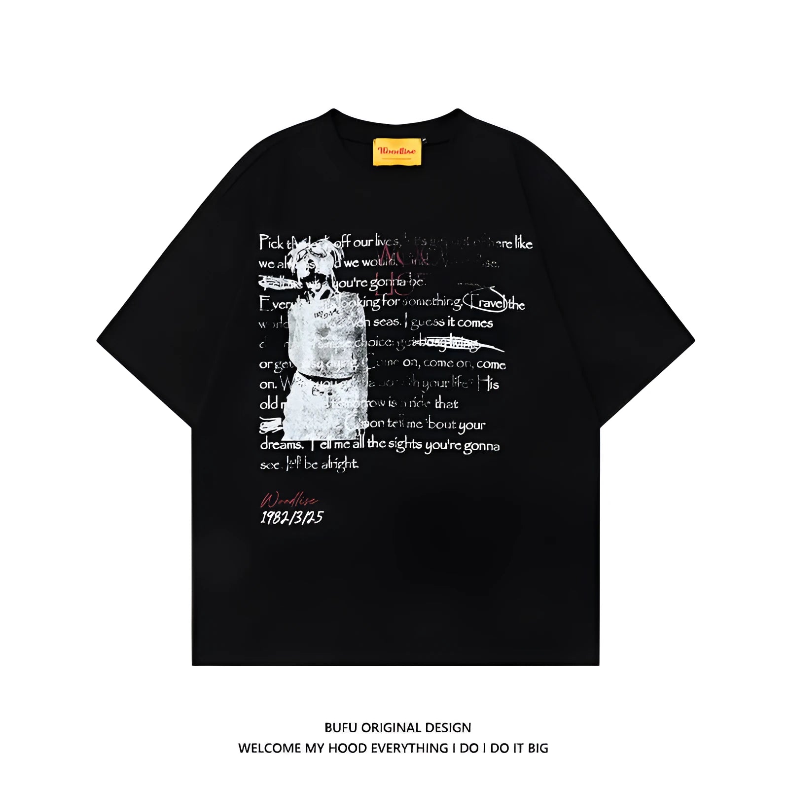 Men's black loose fit cotton t-shirt with white letter print and raglan sleeves
